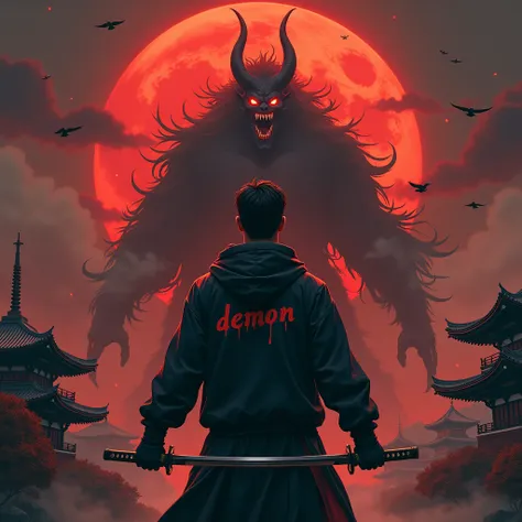 A handsome Korean man wearing a black hoodie
labeled "DEMON". Standing and holding a katana
blade. Behind him, a demonic figure with glowing
eyes and a terrifying smile loomed large against the
giant red moon. Traditional Japanese architecture
in the backg...