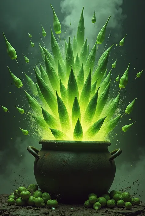 explosion of okra coming out of a cauldron
