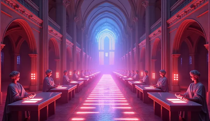 The design of the impressive, wide, high-class EDM Dance Hall is designed in a gothic style, bright and impressive style, like a large cathedral corridor, with two walls of tall gothic pillars arranged with extremely cool LED lights and extremely many ligh...