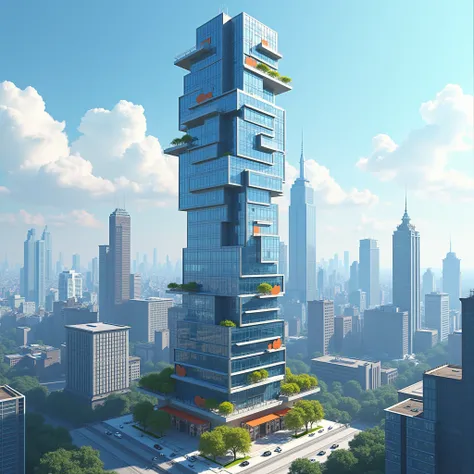 Image of modern skyscraper building exterior，Realistic style，With a little cartoon，The style is based on New York. The overall structure is composed of one building. The picture is exquisite when viewed from the top of the building.