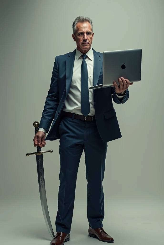 Image of a man in a suite with laptop in one hand and sword in other hand

