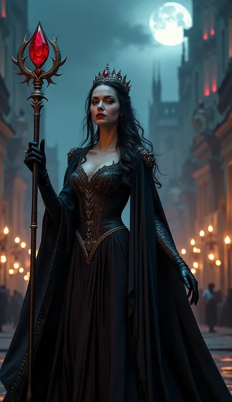 fantasy art, RPG art, ultra wide shot, a picture of a vampire queen in the big city, a beautiful mature vampire queen, elegant queen, dynamic hair color, dynamic hair style, wearing intricate silk dress, flowing cloak, high heels, holding a royal scepter, ...