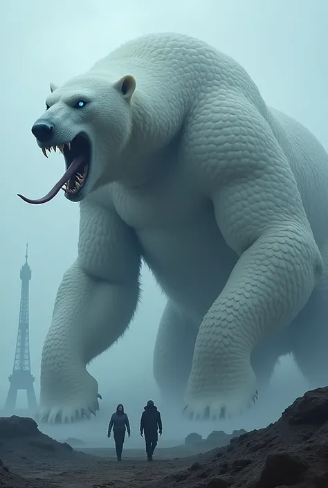 Imagine a colossal creature, towering as tall as the Eiffel Tower, merging the fearsome features of a massive polar bear and an enormous snake. Its body is covered in thick, white fur, contrasting with the sleek, scaled skin that wraps around its powerful ...