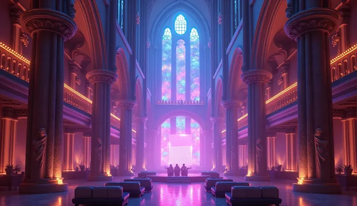 The design of the impressive, wide, high-class EDM Dance Hall is designed in a gothic style, bright and impressive style, like a large cathedral corridor, with two walls of tall gothic pillars arranged with extremely cool LED lights and extremely many ligh...