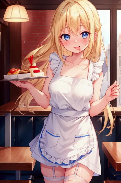 Girl、Waitress、Blonde、Blue Eyes、Naked Apron、skin、Garter belt、Embarrassed、Laughing with your mouth open、restaurant