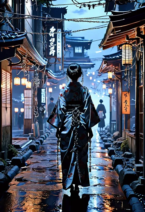 Kyoto Night、Dystopian world, hyper realistic, chains, CEMENT、kimono　、Multiple people、アンドロイドkimono、spooky