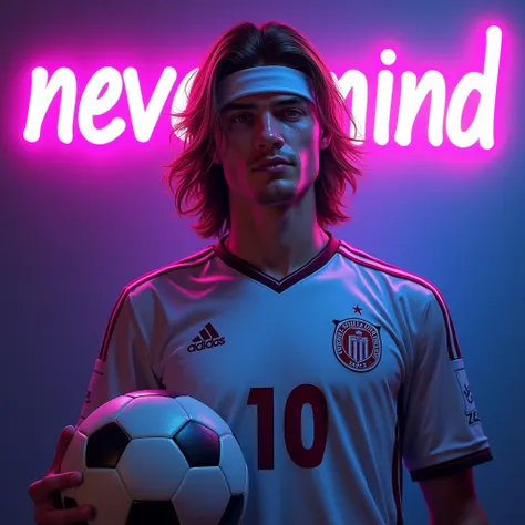  Realistic: brown hair Male . Age: mid-20 Wearing Soccer jersey (number 10), Sports headband and holding a Soccerball. In front of a neon light sign (purple and blue) that says " nevermind".