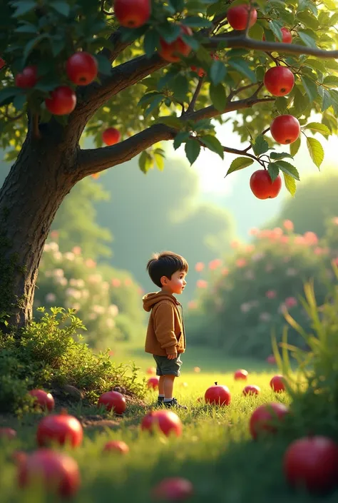 A boy in a garden with a apple tree and apples are fallen in garden