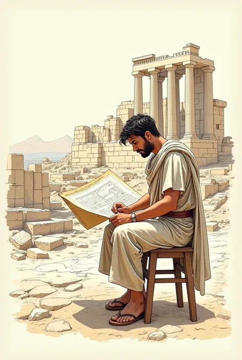 Make an illustration of a young man from biblical times, sitting looking at the design of a new temple on a papyrus, with a destroyed temple in the background, all this in colored line drawing 