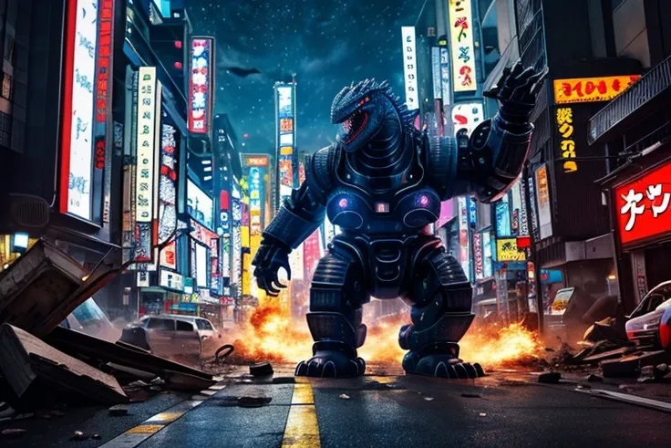 A alien giant robo is stomping through Neo Tokyo leaving a trail of destruction, Mecha Godzilla arrives to confront it