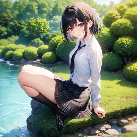 One girl、smile、Short black hair、(Small white ribbon)、Small breasts、blazer、Normal necktie、black plaid mini skirt、Black Loafers、White socks、Sitting by the river in the forest