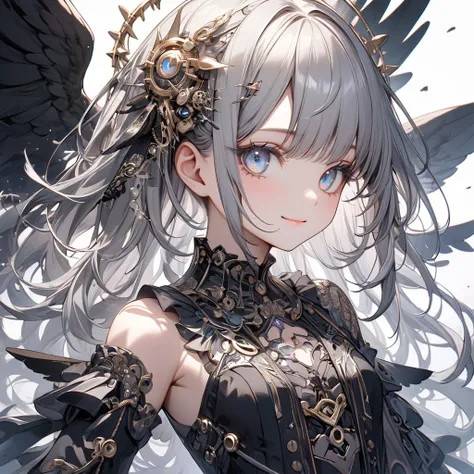 absurd,anime,detailed and beautiful eyes,(art),(artistic clothing:1.5),angel,gray hair,smile,(a girl:1.5),from the waist up,(sma...