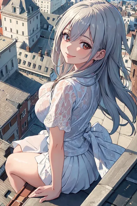 (best quality, masterpiece, RAW photo,ultra-detailed:1.2), 1girl ,looking at viewer, smile,rooftop, from above, city,