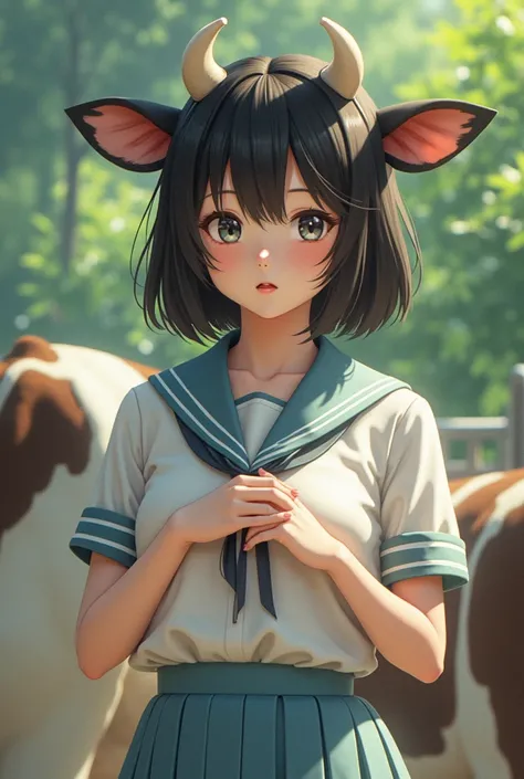 Japanese girl in a summer school uniform is too small Breasts, large breasts, fujicolor, Cow Ears, being milked