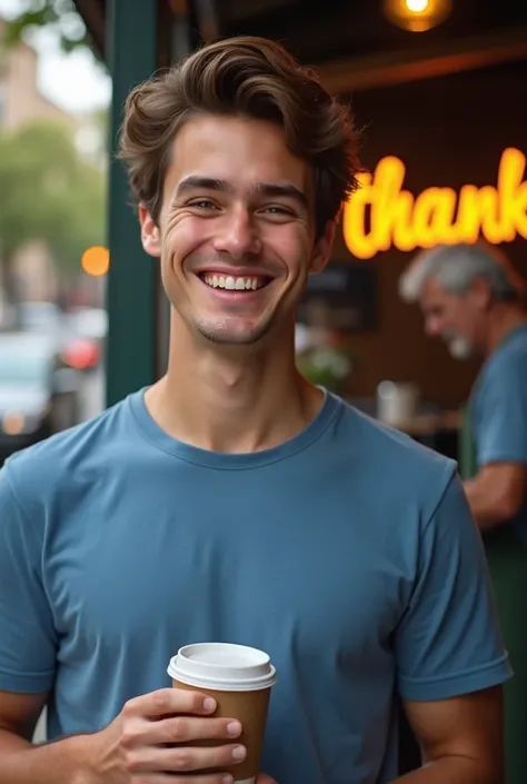 1. Prompt 1:
"A close-up of Jack, the young man with brown hair, light skin tone, and a blue T-shirt, smiling warmly. He is holding a coffee cup while standing outside a cozy coffee shop. The background includes the busy city street but is slightly blurred...