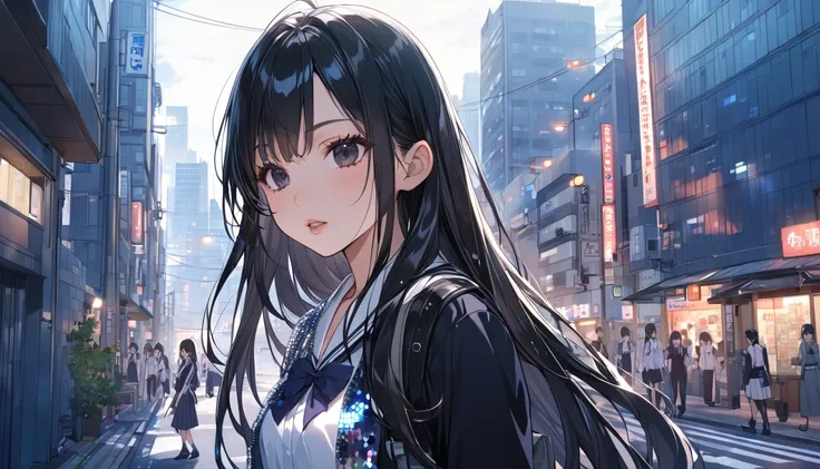 a girl wearing japanese school uniform, tight, simple anime style Woman. (Outdoor, Cityscape, building, street. Glossy white lips with sequins. black hair, long hair, black eyes,no earrings,school girl,