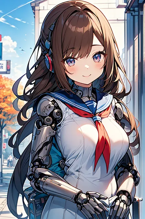 (((Androidの女の子、Petite、anime、Japan)))、Human-like mecha、((Human head、Human chest、Mechanical Limbs、Mechanical Body、Machine Joints、Beautiful human girl head、Beautiful human girl with large breasts))、((Only the head and chest are human、The body is silver metal、...