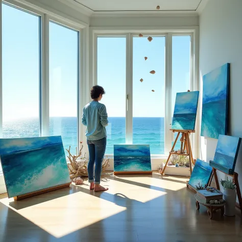 A room with canvases of ocean-themed watercolors。Outside the window is the sea。