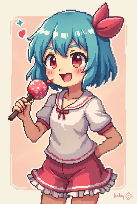 Chica delgada una gran sonrisa de pelo corto azul con un boche en la cabeza con forma de corazon comiendo dulces con pecas y mejillas sonrojadas con un arma de caramelos  haciendo un  mewing pixel art