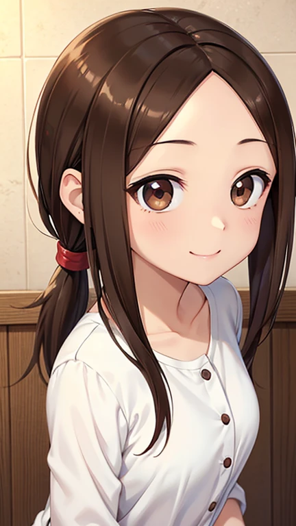 takagi-san、光沢のあるbrown hair, long hair,((medium breast、amount、center part))、 美しいbrown eyes、smile、shining eyes, (fine grain)、very ...