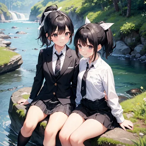 Two Girls、smile、Short black hair、Ponytail black hair、(Small white ribbon)、Small breasts、blazer、Normal necktie、black plaid mini skirt、Black Loafers、White socks、Sitting by the river in the forest