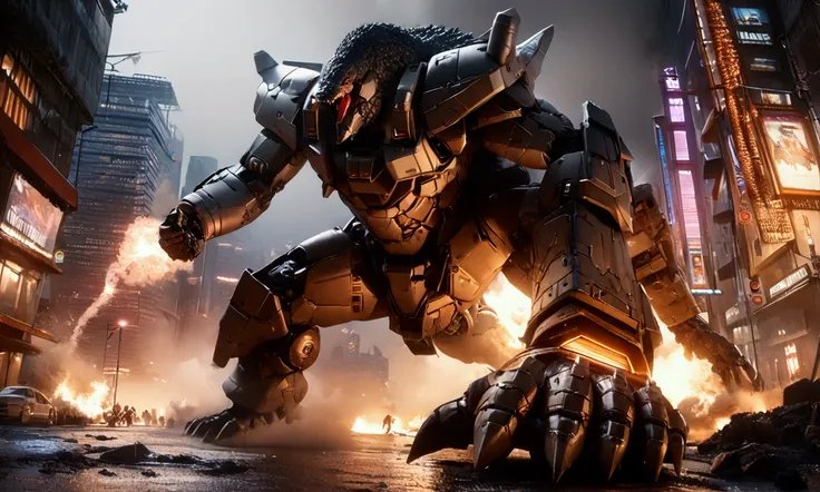 a giant alien mecha robot, massive detailed mecha godzilla, Neo Tokyo cityscape, intense battle scene, futuristic sci-fi setting, epic action, dynamic poses, dramatic lighting, glowing energy effects, cinematic high angle view, hyper detailed rendering, in...