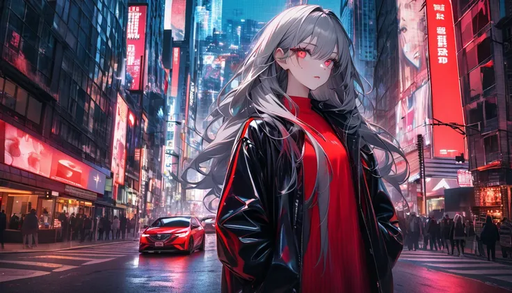 Modern metropolis, night scramble intersection, tense lens, the main body of the photo is the background of the big city, bright and fresh photo, beautiful abstract big city and teenage girl character in it. Gray hair color, red glowing eyes, long hairstyl...