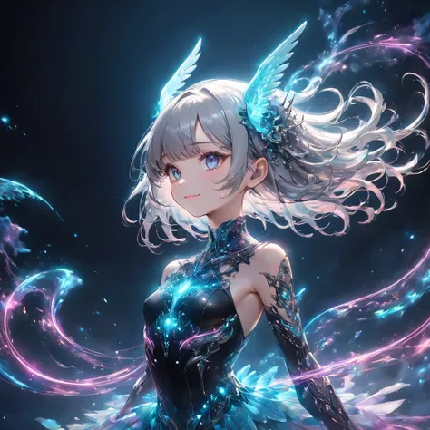 Absurd,anime,Detailed and beautiful eyes,(art),(artistic clothing:1.5),angel,gray hair,smile,(a girl:1.5),from the waist up,(small breasts:1.2),(small chest:1.2),mysterious,fallen Angel,Hello,(Large detailed hair ornament:1.2),(look away:1.5),detailed clot...