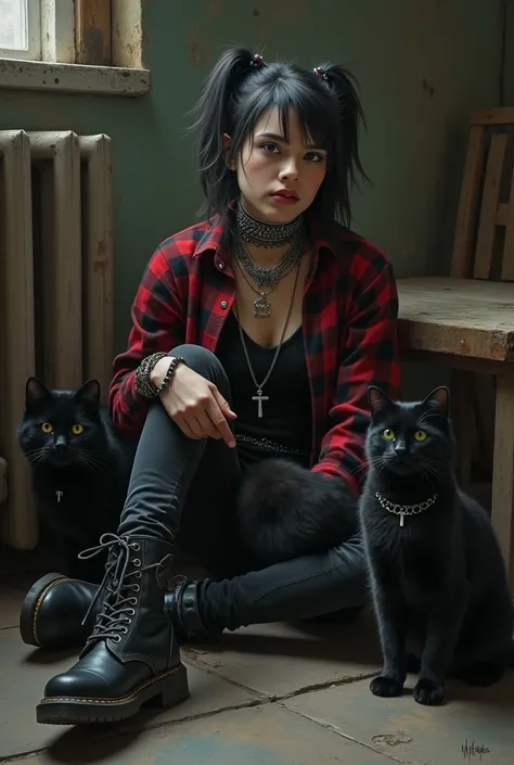 The painting depicts a dark, moody scene of a young person, likely female, sitting on the floor with a black cat in their lap and another one nearby. The character has a rebellious, gothic aesthetic, wearing a red and black flannel shirt, layered silver je...