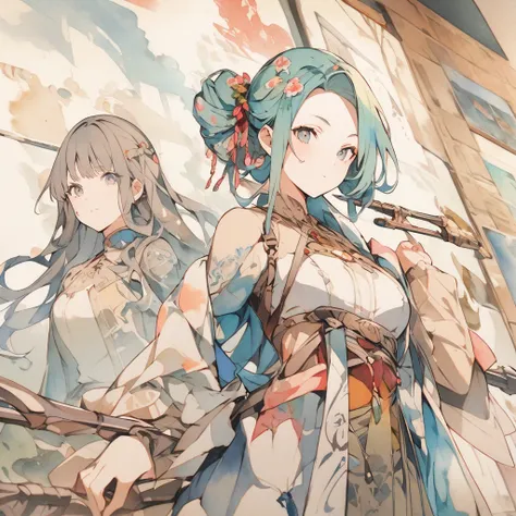 Sea and weapons、A wall decorated with watercolors depicting women with unique hairstyles