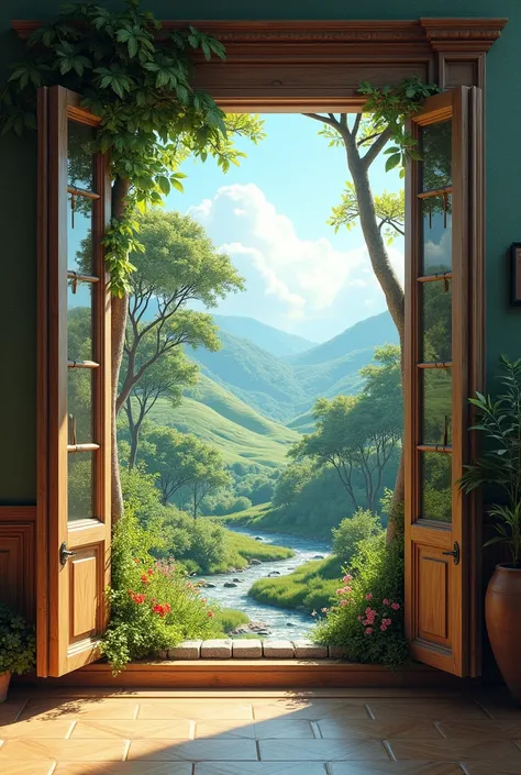 I want a 3D painting in which, nature view is shown throw window 