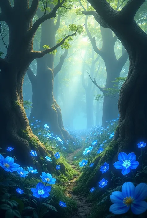 A mysterious forest with blue flowers