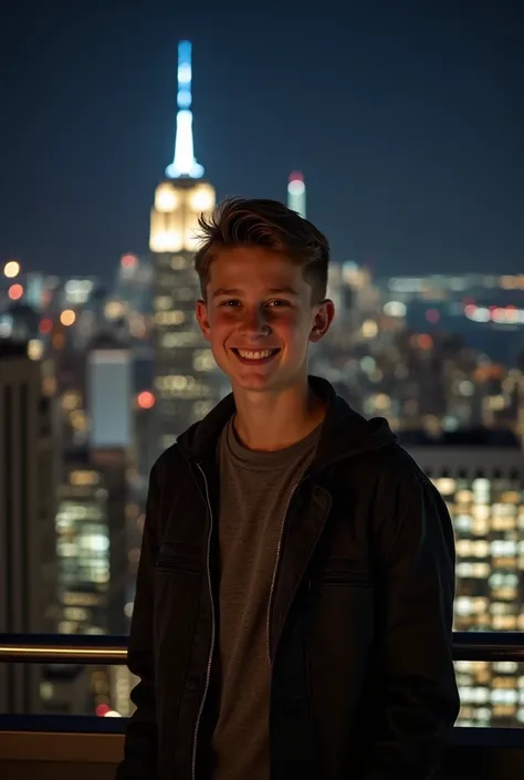 a British prince, tween, , short hair, pose for a photo, wearing comfortable clothes, standing on a balcony with the background is New York city at night, shot from iPhone, smile