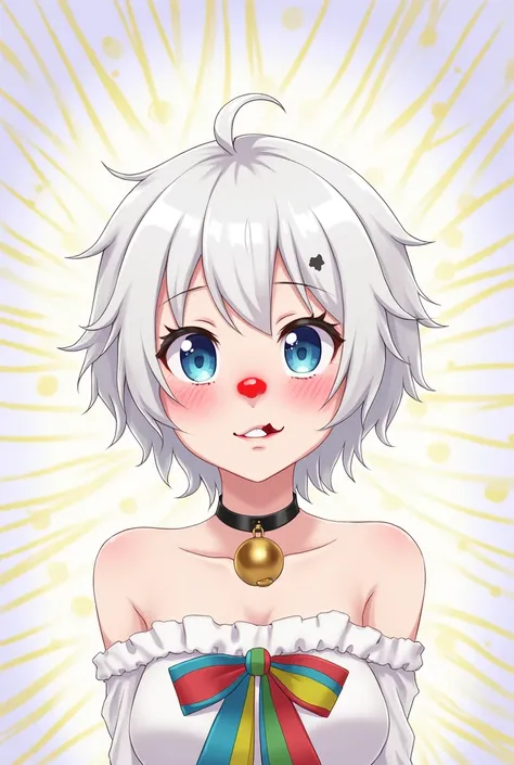 Digital illustration featuring an anime-style character with short, white hair styled in a messy, clown-like fashion and large, expressive blue eyes with an unsettling, mischievous glint. She has a small black teardrop mark under the left eye and a red sta...