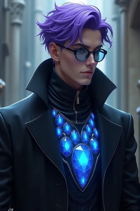 Male character with purple hair with glasses and a black chest with some blue stones