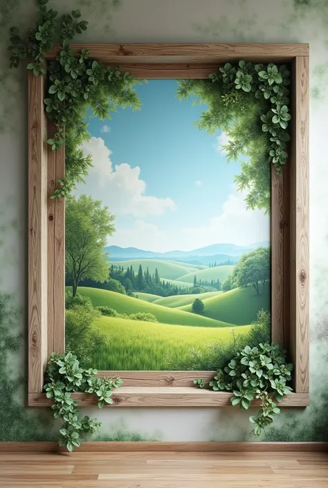 I want a 3D wall painting in which, nature view is shown throw window, painting must be in horizontal form and i need little bit messy work 