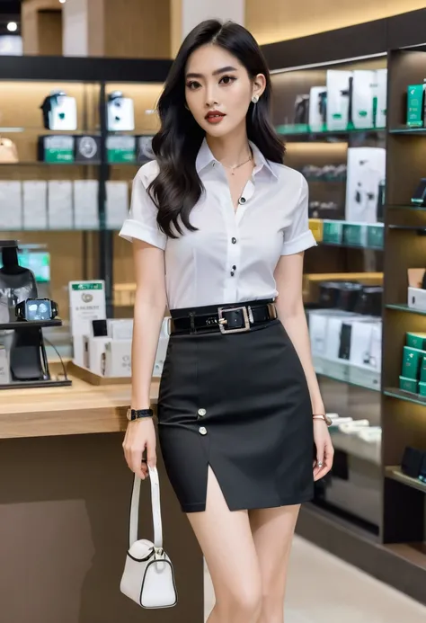 1 thailand woman, long hair,wetest a torn fitting Shinny White short-sleeved slim-fit shirt,black skirt Unbutton one button of the shirt,belt,earing,Smartwatch,IPhone 13pro,neckleck, Black Narrow skirt short with a slit on the left side, Black high heels, ...