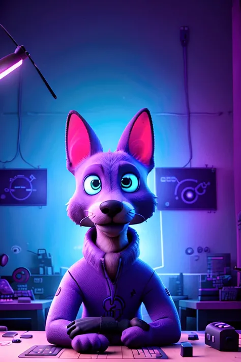 Jackal sitting in a gamers chair, at a gaming table and typing something on a gamers keyboard, close up shot, jackal looking into the camera, shot close up, neon lighting, neon computer unit nearby, light fixture shimmers with rainbows