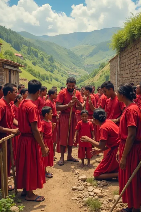 Peoples, wearing red mixed dress, trying to build a new country 