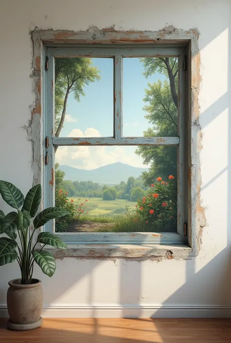 I want a 3D wall painting in which, nature view is shown throw window it should look  real to the viewer, painting must be in horizontal form and i need little bit messy work 