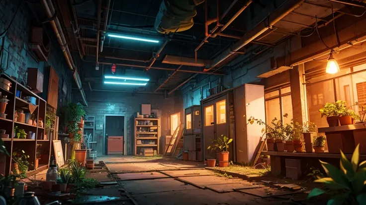 Create an abandoned laboratory at night with colorful lights and some plants a detailed view of the place