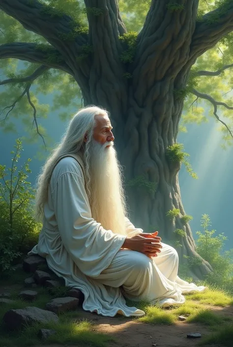 Depict a wise and venerable sage, lost in contemplation beneath the shade of a majestic tree. His long, snowy locks and flowing beard exude an aura of serenity, while the sacred white thread adorning his person radiates an otherworldly glow. Painting like ...