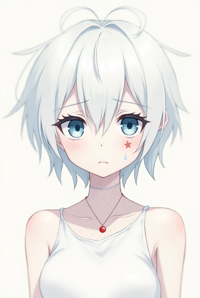 Draw an anime girl Clamp style, His eyes are blue and his look is mischievous but with a certain discomfort that generates in the spectator, He has a red star under his left eye and a tear under his right eye.. Wear a white top connected to the neck with a...