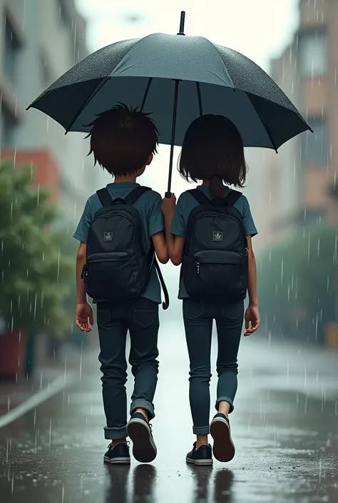 A boy and girl of same height
Boy:brown eyes brown hair 
Gurl:brown eyes brown hair wolfcut
Returning to home from school while its raining they are in the same umbrella black backpack black shoes black jeans and dark blue polo tshirt 