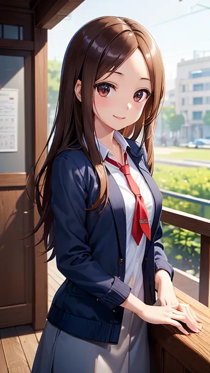 takagi-san、shiny brown hair, long hair,((medium breast、amount、center part))、 beautiful brown eyes、smile、shining eyes, (fine grai...