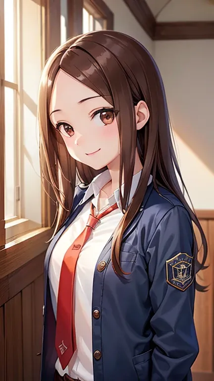 takagi-san、shiny brown hair, long hair,((medium breast、amount、center part))、 beautiful brown eyes、smile、shining eyes, (fine grai...