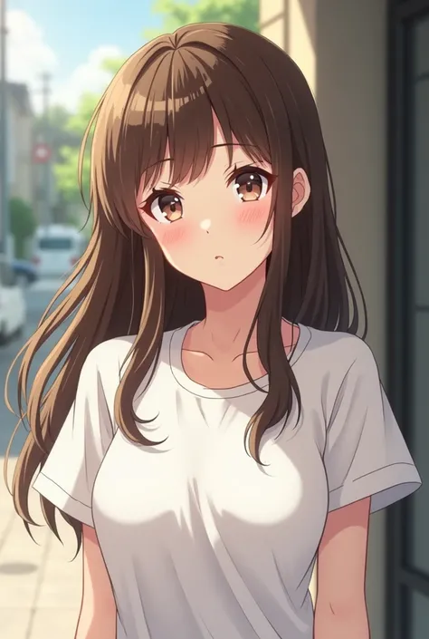 One girl, Long Hair, anime風, Age 30,adult,White T-shirt,bangs, Brown Hair, No piercing,A little plump,anime, Reality, 