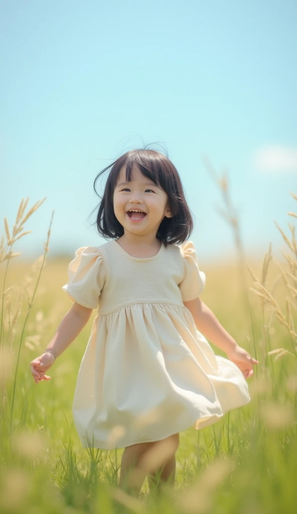 Create UHD photorealistic realistic photo, no animation, no 3d image, no pixar style animation, no extra fingers. A 12-month-old Asian girl with straight black hair wearing a light dress, twirling in a field of tall grass under a clear blue sky. The gentle...