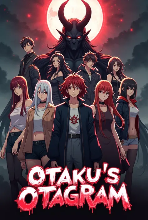 ((best quality)), ((masterpiece)), (detailed), For discord Channel banner Clan name "OTAKUS OTAGRAM" Both male and female characters from anime ,Text written "OTAKUS OTAGRAM ",cool ,bad ass ,Devils ,text (OTAKUS OTAGRAM), Diablo from tensura anime ,