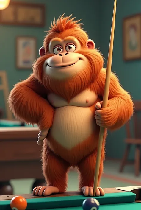 an orangutan standing with a pool cue in cartoon, 8k